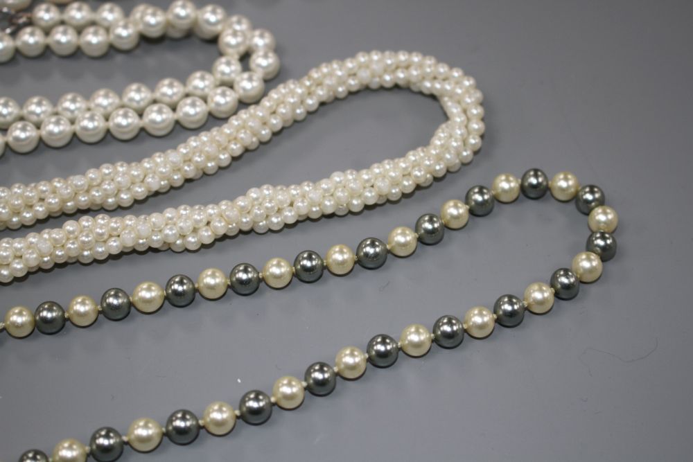 Two coral stick bead necklaces, a freshwater pearl necklace and three other costume necklaces,